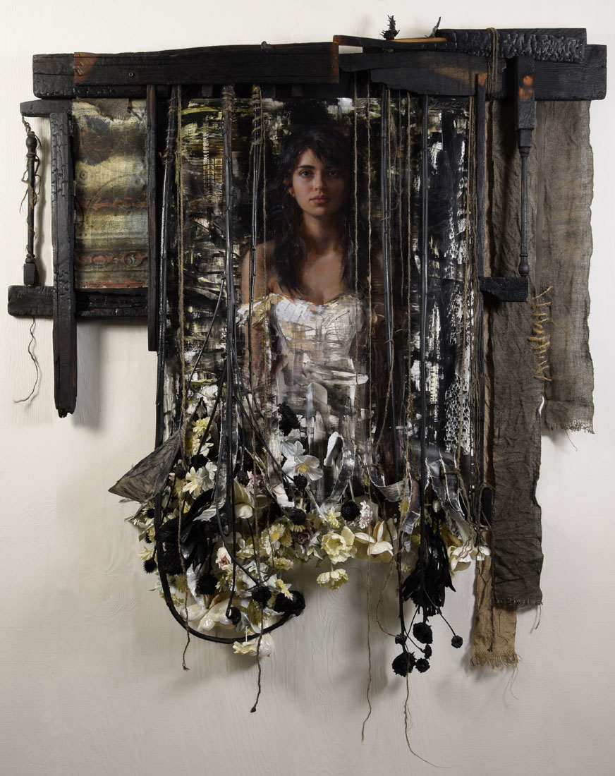 ''Intimations Unframed'', oil, jute, twine, organic matter, resin, readymades, 62x57, price on request